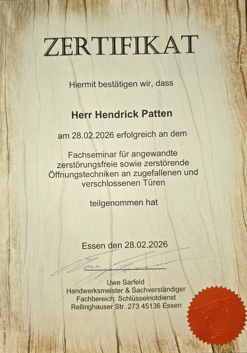 Zertifikat von Hendrick Patten über das Fachseminar für Türöffnungstechniken